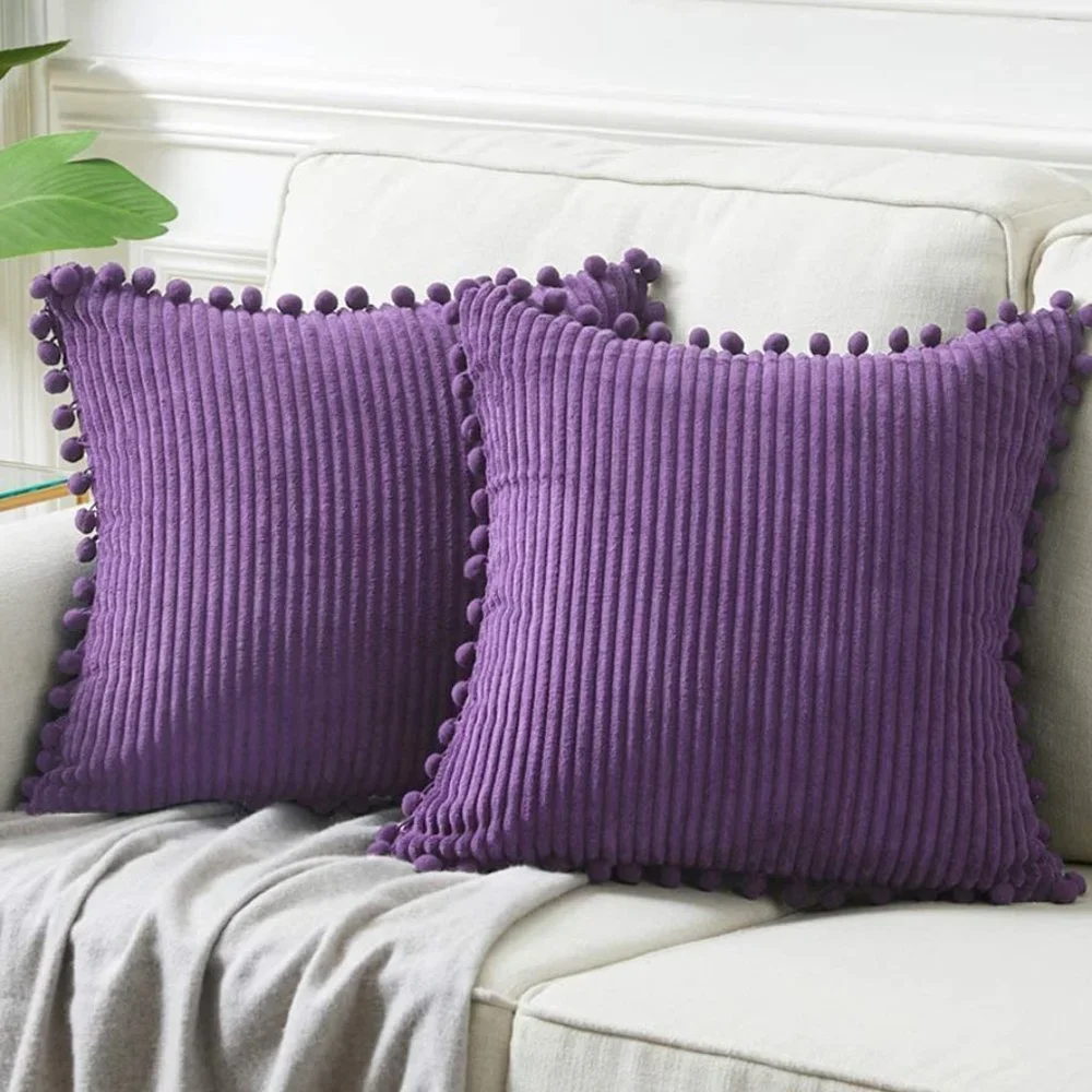 Purple Corduroy Luxury Farmhouse Velvet Pompom Cute Throw Pillow Cover/CaseSet